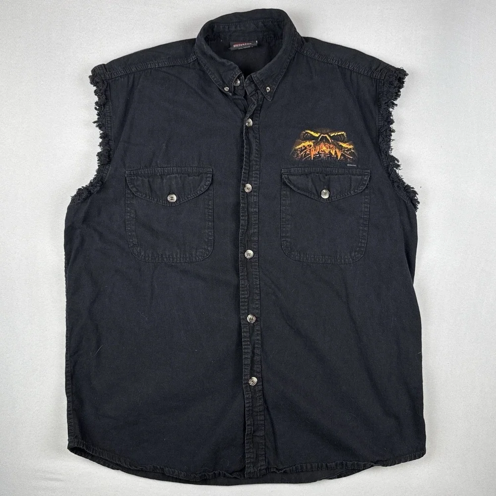 Y2K Bikers Edge Sleeveless Button Up Shirt Skulls Skeleton Motorcycle Flames L